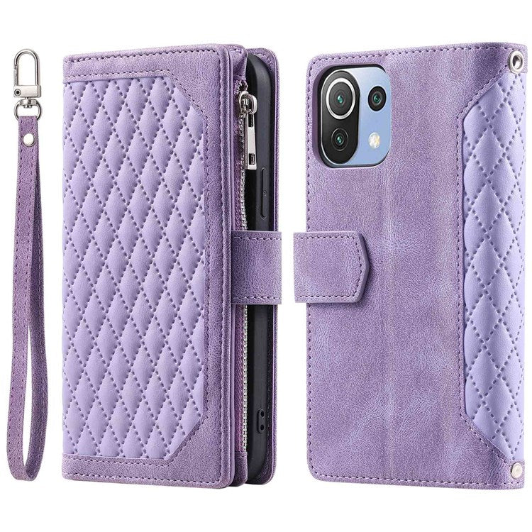 005 Style For Xiaomi Mi 11 Lite 4G / 5G / 5G NE, Rhombus Texture PU Leather Zipper Pocket Phone Case Shockproof Wallet Cover Viewing Stand with Strap - Purple