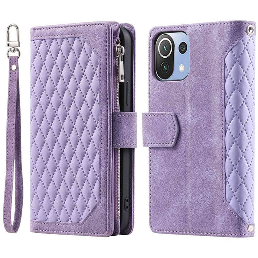 005 Style For Xiaomi Mi 11 Lite 4G / 5G / 5G NE, Rhombus Texture PU Leather Zipper Pocket Phone Case Shockproof Wallet Cover Viewing Stand with Strap - Purple