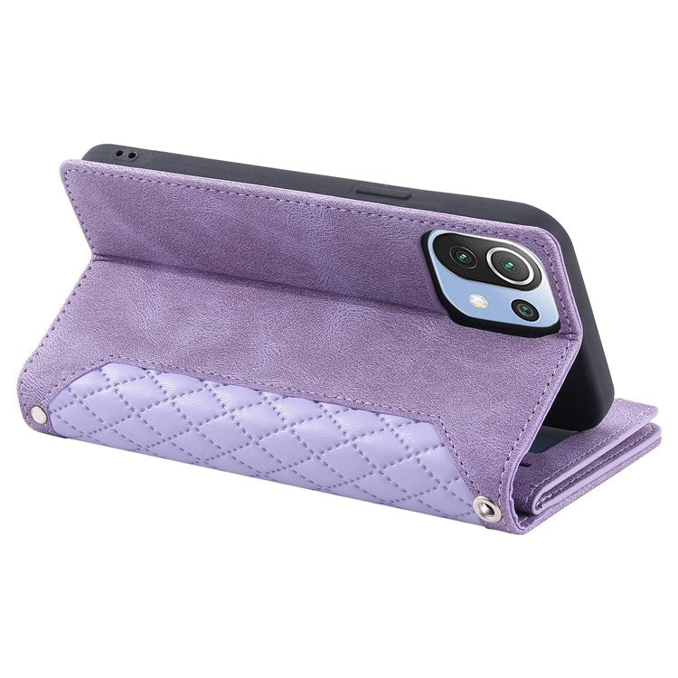 005 Style For Xiaomi Mi 11 Lite 4G / 5G / 5G NE, Rhombus Texture PU Leather Zipper Pocket Phone Case Shockproof Wallet Cover Viewing Stand with Strap - Purple