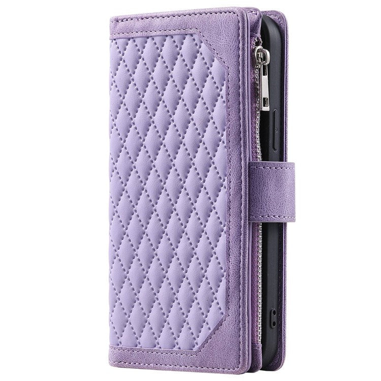 005 Style For Xiaomi Mi 11 Lite 4G / 5G / 5G NE, Rhombus Texture PU Leather Zipper Pocket Phone Case Shockproof Wallet Cover Viewing Stand with Strap - Purple