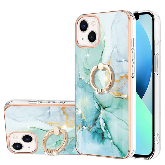 For iPhone 14 Plus 6.7 inch YB IMD Series-10 Shiny Ring Kickstand Case Soft TPU IMD Marble Pattern Electroplating Cover - Green 003