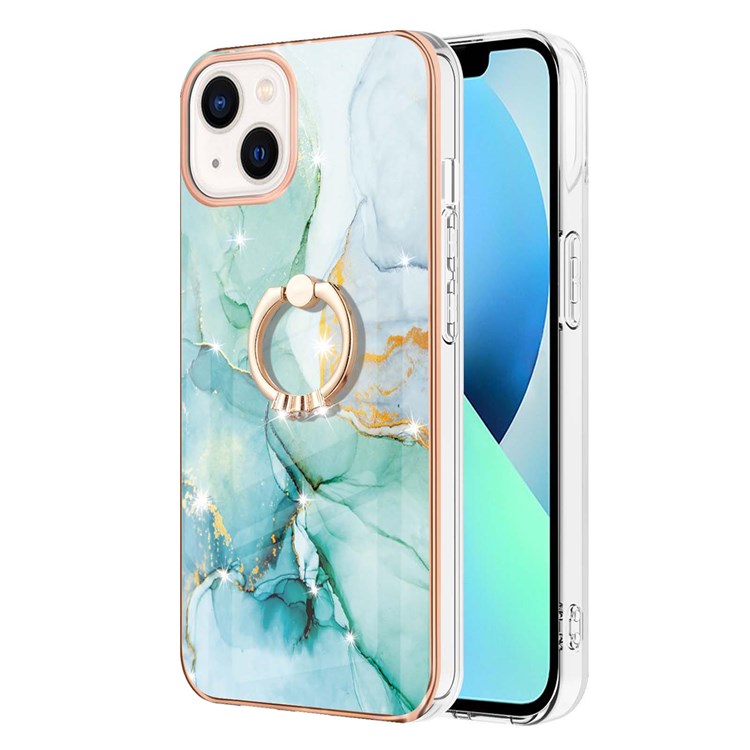 For iPhone 14 Plus 6.7 inch YB IMD Series-10 Shiny Ring Kickstand Case Soft TPU IMD Marble Pattern Electroplating Cover - Green 003