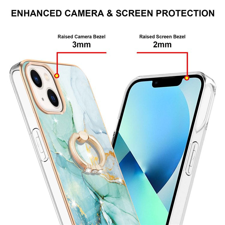 For iPhone 14 Plus 6.7 inch YB IMD Series-10 Shiny Ring Kickstand Case Soft TPU IMD Marble Pattern Electroplating Cover - Green 003