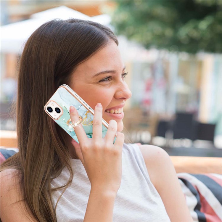 For iPhone 14 Plus 6.7 inch YB IMD Series-10 Shiny Ring Kickstand Case Soft TPU IMD Marble Pattern Electroplating Cover - Green 003