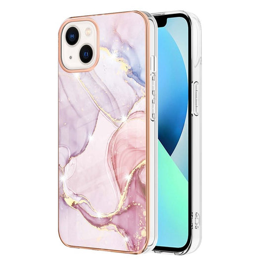 For iPhone 14 Plus 6.7 inch YB IMD Series-2 Stylish Marble Pattern IMD Phone Cover Electroplating Edge Flexible TPU Case - Rose Gold 005