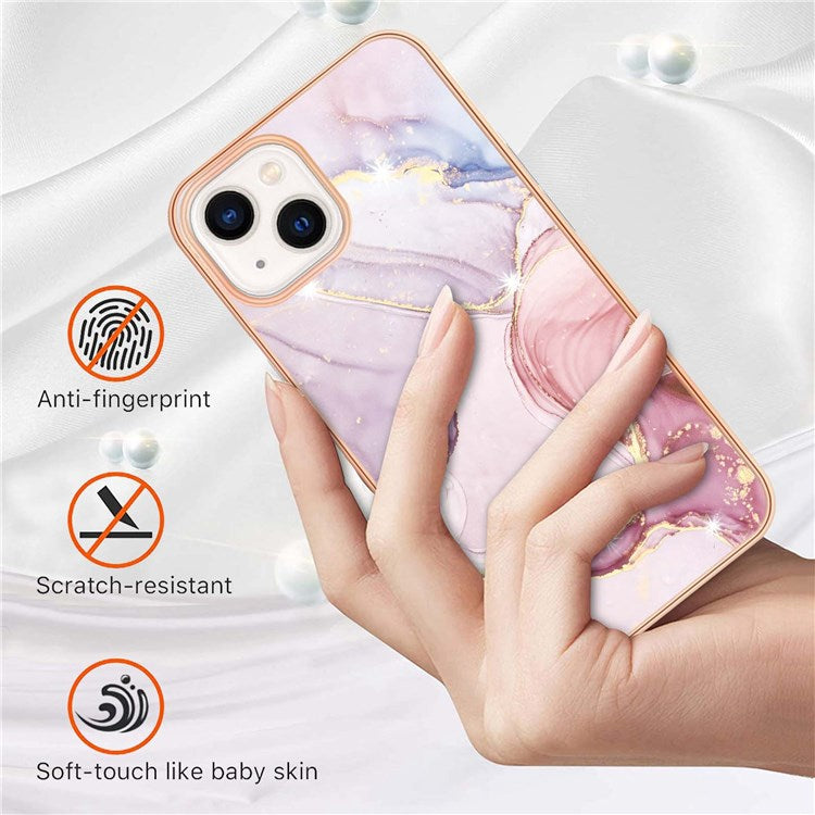 For iPhone 14 Plus 6.7 inch YB IMD Series-2 Stylish Marble Pattern IMD Phone Cover Electroplating Edge Flexible TPU Case - Rose Gold 005