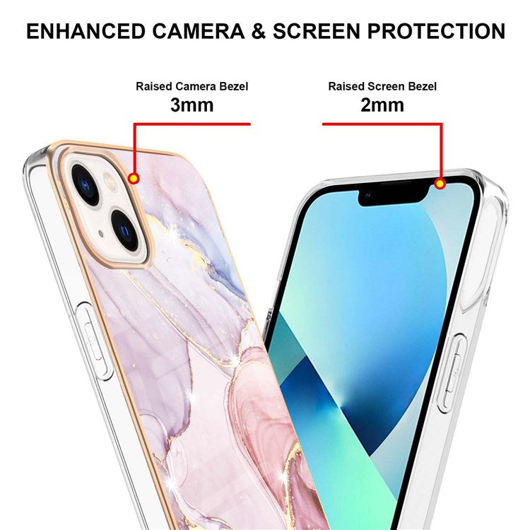 For iPhone 14 Plus 6.7 inch YB IMD Series-2 Stylish Marble Pattern IMD Phone Cover Electroplating Edge Flexible TPU Case - Rose Gold 005