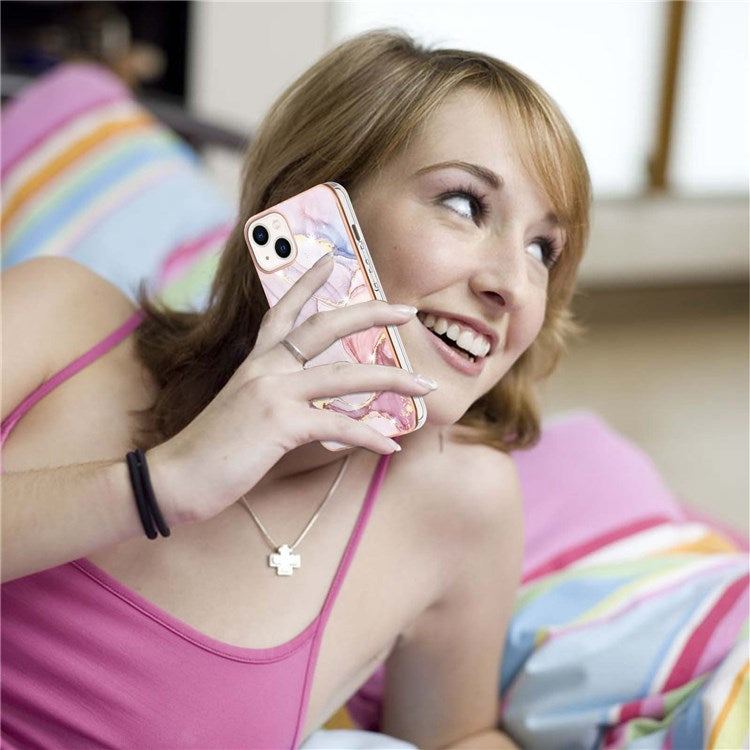 For iPhone 14 Plus 6.7 inch YB IMD Series-2 Stylish Marble Pattern IMD Phone Cover Electroplating Edge Flexible TPU Case - Rose Gold 005