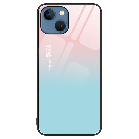 For iPhone 14 Plus 6.7 inch Tempered Glass Phone Case, Anti-scratch Pattern Printing Hard PC+Soft TPU Cellphone Cover - Gradient Pink Blue