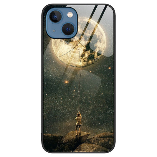 For iPhone 14 6.1 inch Shock Absorption Pattern Printing Tempered Glass Phone Case Hard PC+Soft TPU Cellphone Cover - Moon