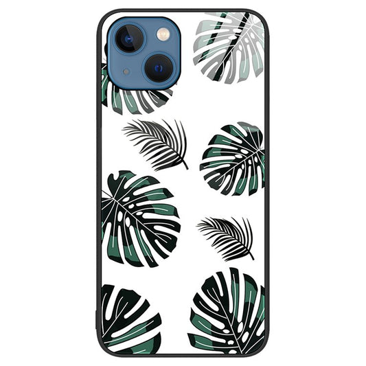 For iPhone 14 6.1 inch Shock Absorption Pattern Printing Tempered Glass Phone Case Hard PC+Soft TPU Cellphone Cover - Leaves