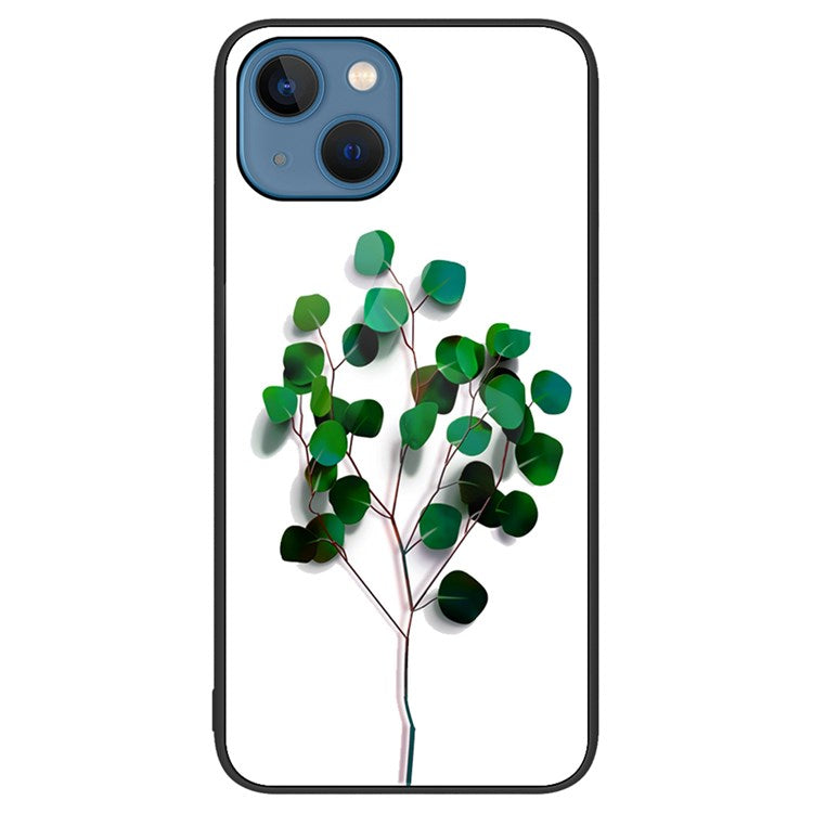 For iPhone 14 6.1 inch Shock Absorption Pattern Printing Tempered Glass Phone Case Hard PC+Soft TPU Cellphone Cover - Green Leaves