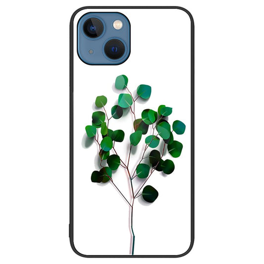For iPhone 14 6.1 inch Shock Absorption Pattern Printing Tempered Glass Phone Case Hard PC+Soft TPU Cellphone Cover - Green Leaves