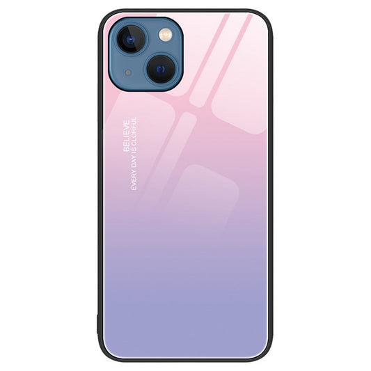 For iPhone 14 6.1 inch Shock Absorption Pattern Printing Tempered Glass Phone Case Hard PC+Soft TPU Cellphone Cover - Gradient Pink Purple