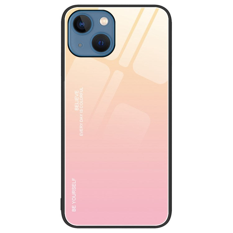 Gradient Color Design Case for iPhone 14 6.1 inch, Tempered Glass + PC + TPU Well-protected Anti-wear Mobile Phone Shell - Gold / Pink