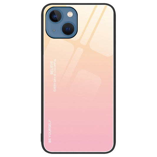 Gradient Color Design Case for iPhone 14 6.1 inch, Tempered Glass + PC + TPU Well-protected Anti-wear Mobile Phone Shell - Gold / Pink