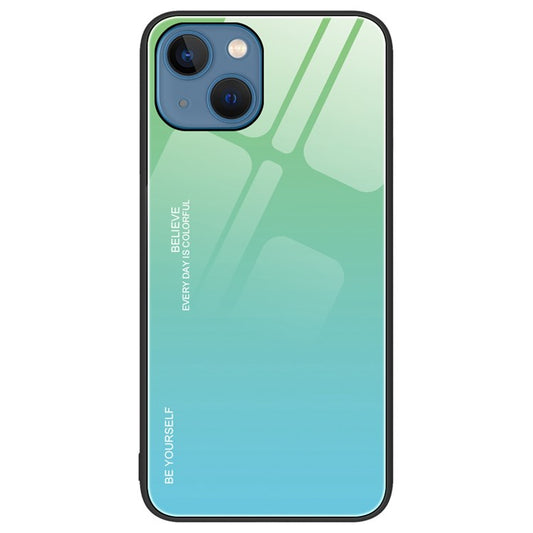 For iPhone 14 Plus 6.7 inch Gradient Color Design Phone Case Tempered Glass + PC + TPU Anti-scratch Protector - Cyan / Blue