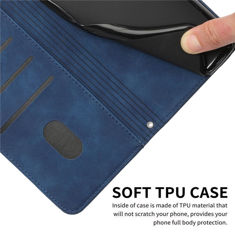 For iPhone 14 Pro 6.1 inch Skin-touch Feeling Heart Shape Imprinted PU Leather Phone Case Stand Wallet Cover with Strap - Sapphire