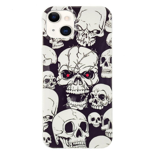 For iPhone 14 Plus 6.7 inch Luminous Noctilucent Phone Case Anti-scratch Pattern Printing IMD Soft TPU Cover - Skull