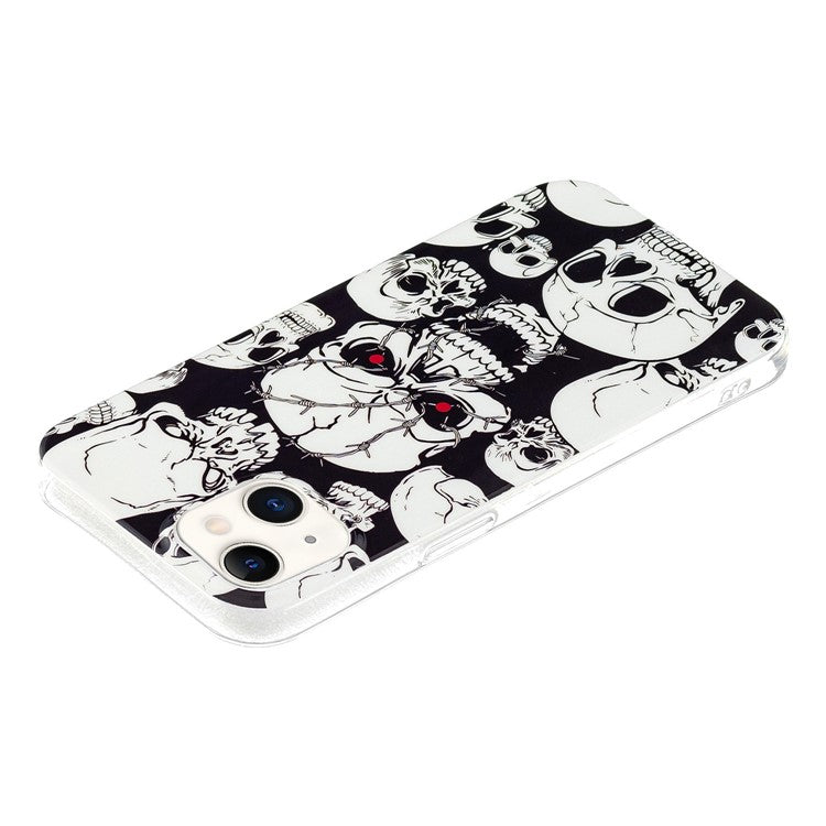 For iPhone 14 Plus 6.7 inch Luminous Noctilucent Phone Case Anti-scratch Pattern Printing IMD Soft TPU Cover - Skull