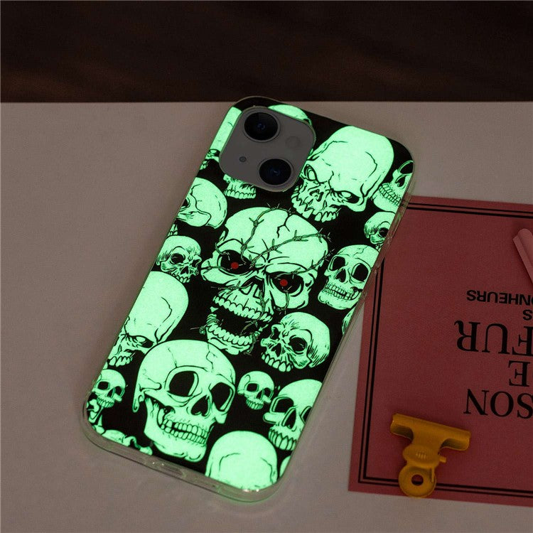 For iPhone 14 Plus 6.7 inch Luminous Noctilucent Phone Case Anti-scratch Pattern Printing IMD Soft TPU Cover - Skull