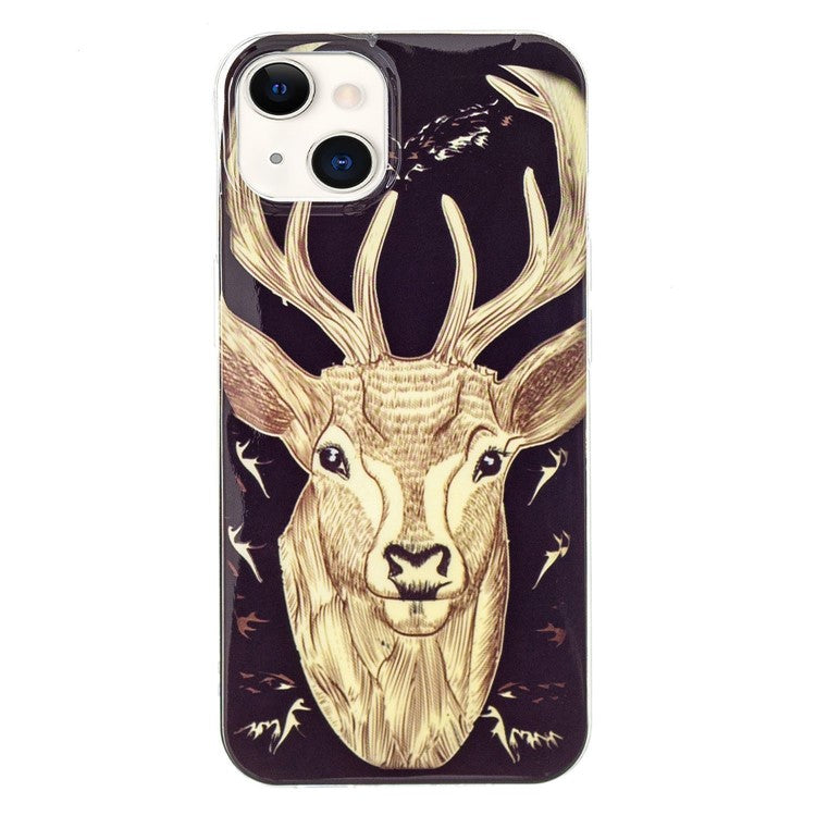 For iPhone 14 Plus 6.7 inch Luminous Noctilucent Phone Case Anti-scratch Pattern Printing IMD Soft TPU Cover - Deer Head