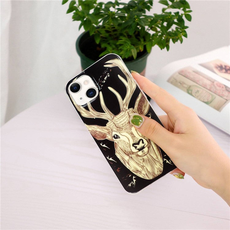 For iPhone 14 Plus 6.7 inch Luminous Noctilucent Phone Case Anti-scratch Pattern Printing IMD Soft TPU Cover - Deer Head