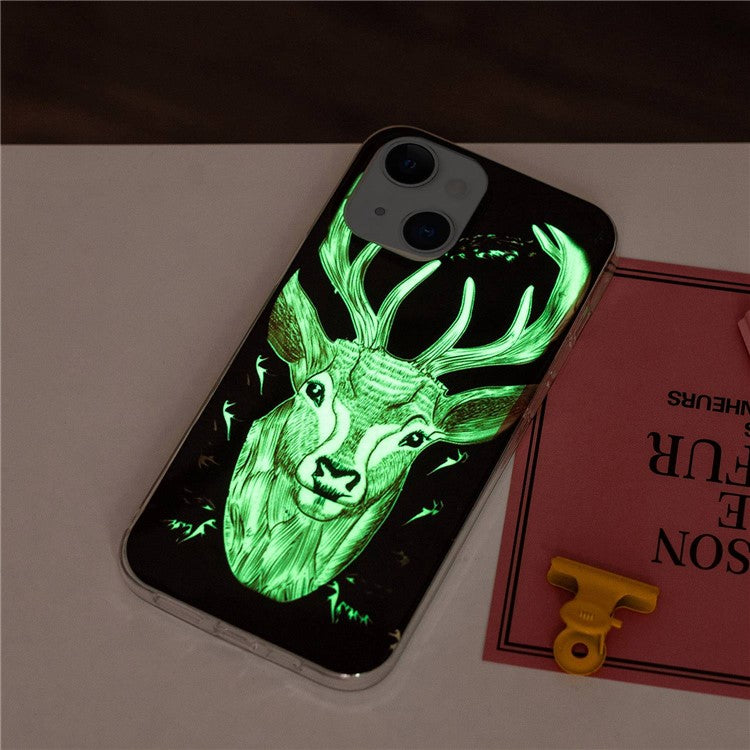 For iPhone 14 Plus 6.7 inch Luminous Noctilucent Phone Case Anti-scratch Pattern Printing IMD Soft TPU Cover - Deer Head
