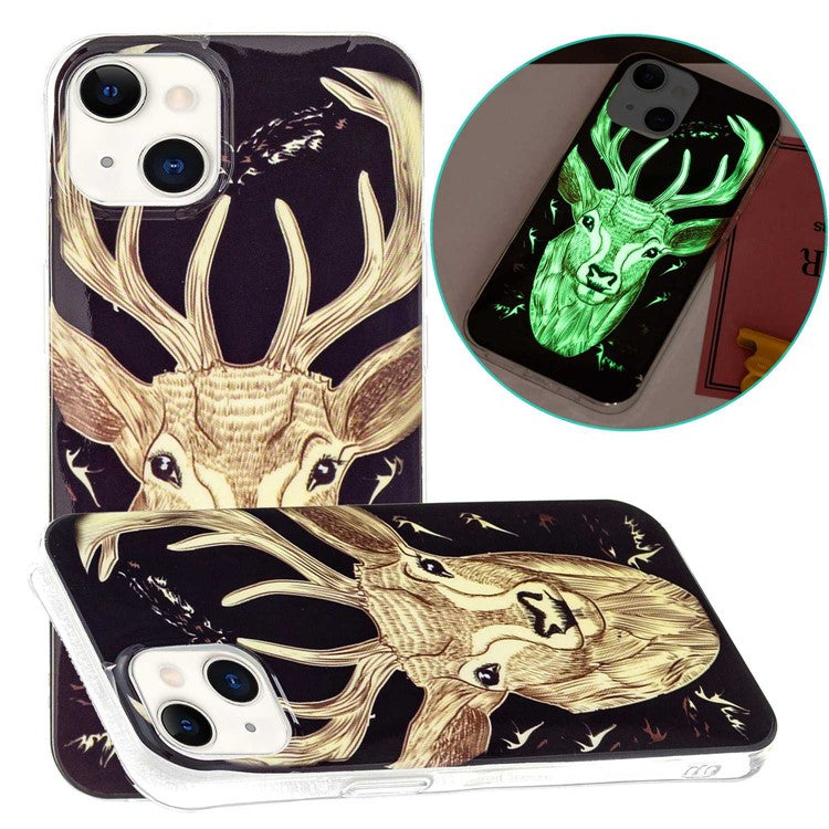 For iPhone 14 Plus 6.7 inch Luminous Noctilucent Phone Case Anti-scratch Pattern Printing IMD Soft TPU Cover - Deer Head