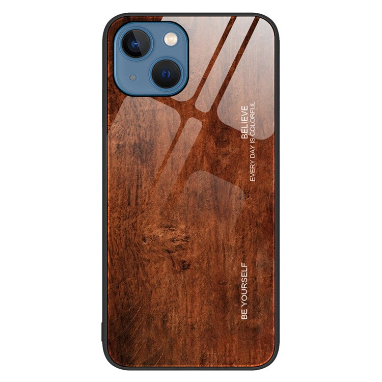 For iPhone 14 Plus 6.7 inch Case Wood Pattern Design TPU Frame Tempered Glass Back Anti-Scratch Cover - Coffee