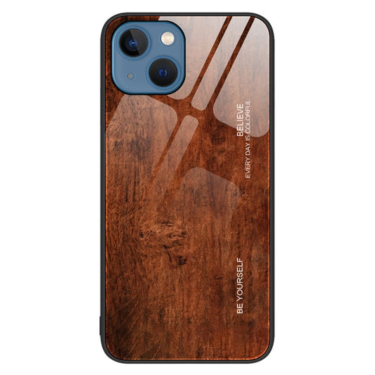 For iPhone 14 Plus 6.7 inch Case Wood Pattern Design TPU Frame Tempered Glass Back Anti-Scratch Cover - Coffee