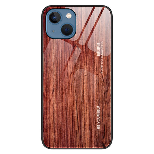 For iPhone 14 6.1 inch Wood Pattern Case Soft TPU Frame Tempered Glass Back Shockproof Protective Cover - Wine Red