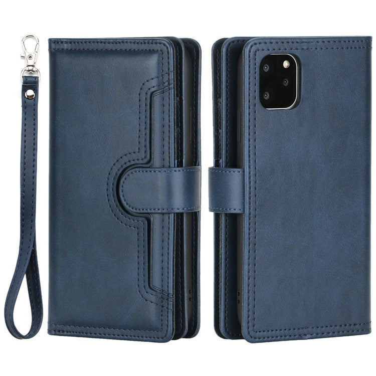 For iPhone 14 Plus 6.7 inch Magnetic Split Leather Case Multiple Card Slots Wallet Full Protective Folio Stand Cover with Hand Strap - Blue