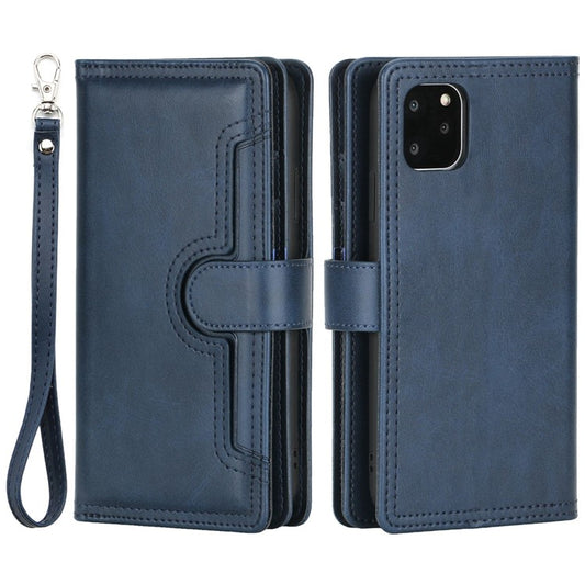 For iPhone 14 Plus 6.7 inch Magnetic Split Leather Case Multiple Card Slots Wallet Full Protective Folio Stand Cover with Hand Strap - Blue