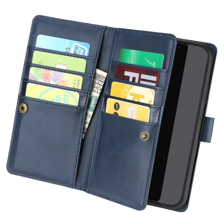 For iPhone 14 Plus 6.7 inch Magnetic Split Leather Case Multiple Card Slots Wallet Full Protective Folio Stand Cover with Hand Strap - Blue