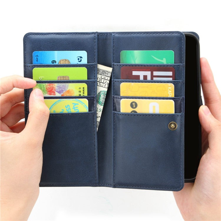 For iPhone 14 Plus 6.7 inch Magnetic Split Leather Case Multiple Card Slots Wallet Full Protective Folio Stand Cover with Hand Strap - Blue