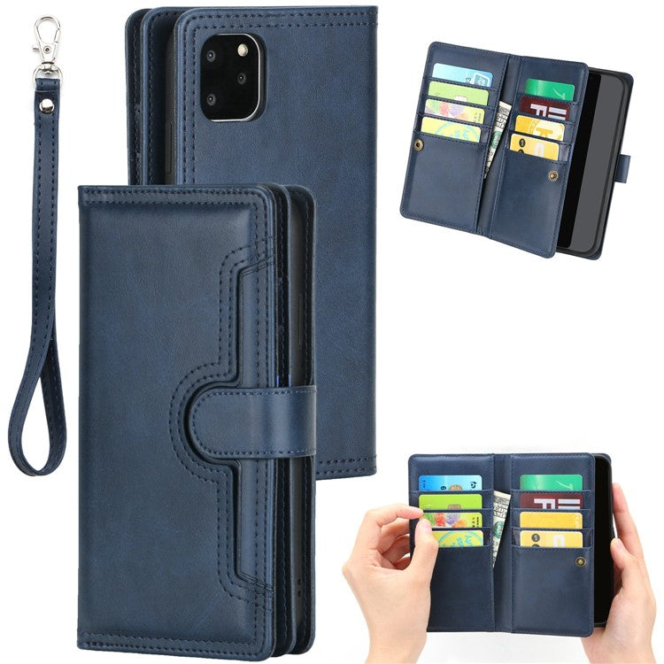 For iPhone 14 Plus 6.7 inch Magnetic Split Leather Case Multiple Card Slots Wallet Full Protective Folio Stand Cover with Hand Strap - Blue