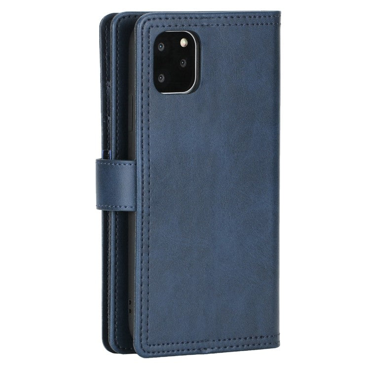 For iPhone 14 Plus 6.7 inch Magnetic Split Leather Case Multiple Card Slots Wallet Full Protective Folio Stand Cover with Hand Strap - Blue
