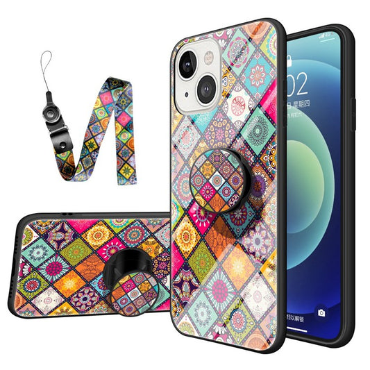 For iPhone 14 6.1 inch Anti-wear Drop-proof Flower Pattern Tempered Glass + Hard PC Phone Case Soft TPU Kickstand Back Cover with Lanyard - Color Pattern