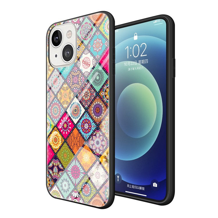 For iPhone 14 6.1 inch Anti-wear Drop-proof Flower Pattern Tempered Glass + Hard PC Phone Case Soft TPU Kickstand Back Cover with Lanyard - Color Pattern