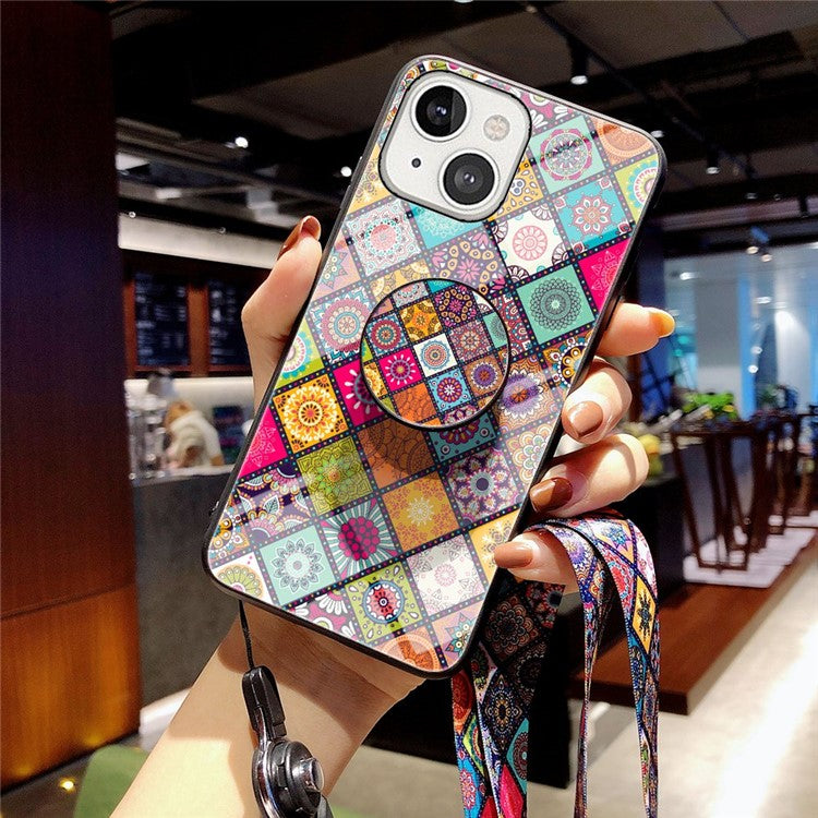 For iPhone 14 6.1 inch Anti-wear Drop-proof Flower Pattern Tempered Glass + Hard PC Phone Case Soft TPU Kickstand Back Cover with Lanyard - Color Pattern