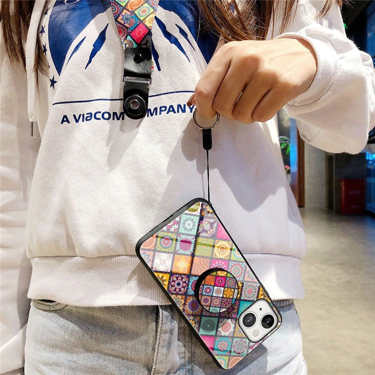 For iPhone 14 6.1 inch Anti-wear Drop-proof Flower Pattern Tempered Glass + Hard PC Phone Case Soft TPU Kickstand Back Cover with Lanyard - Color Pattern