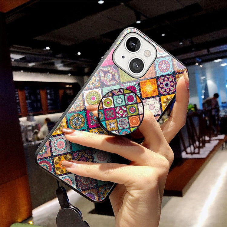For iPhone 14 6.1 inch Anti-wear Drop-proof Flower Pattern Tempered Glass + Hard PC Phone Case Soft TPU Kickstand Back Cover with Lanyard - Color Pattern