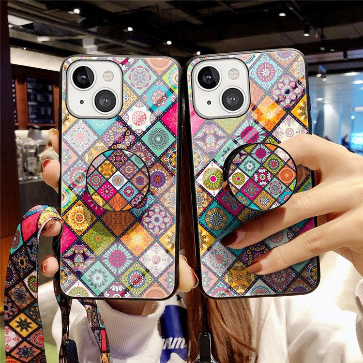 For iPhone 14 6.1 inch Anti-wear Drop-proof Flower Pattern Tempered Glass + Hard PC Phone Case Soft TPU Kickstand Back Cover with Lanyard - Color Pattern