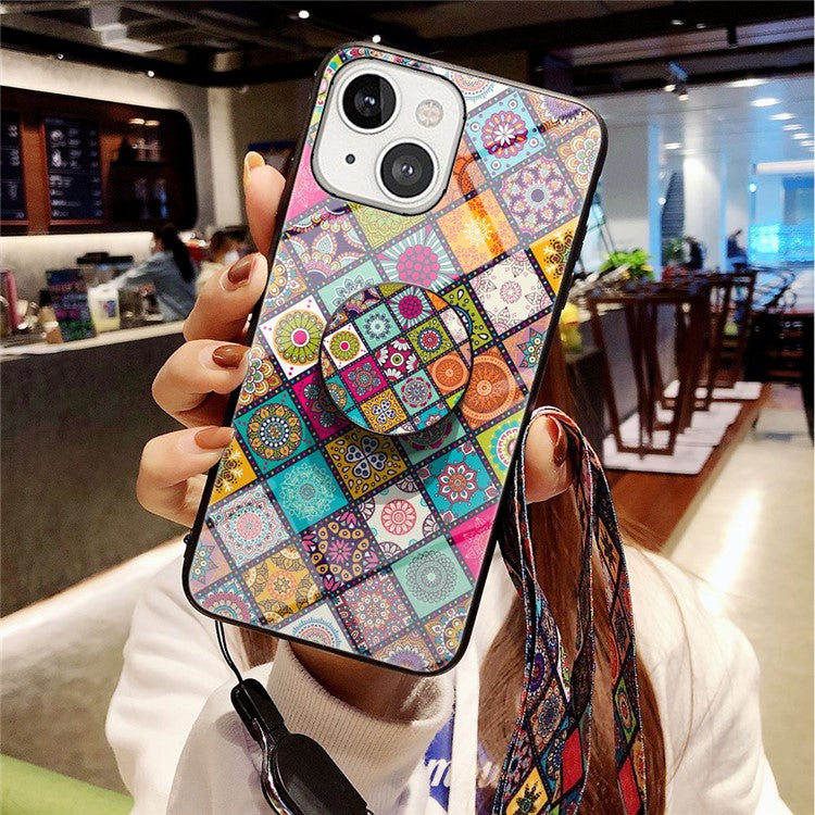 For iPhone 14 6.1 inch Anti-wear Drop-proof Flower Pattern Tempered Glass + Hard PC Phone Case Soft TPU Kickstand Back Cover with Lanyard - Color Pattern