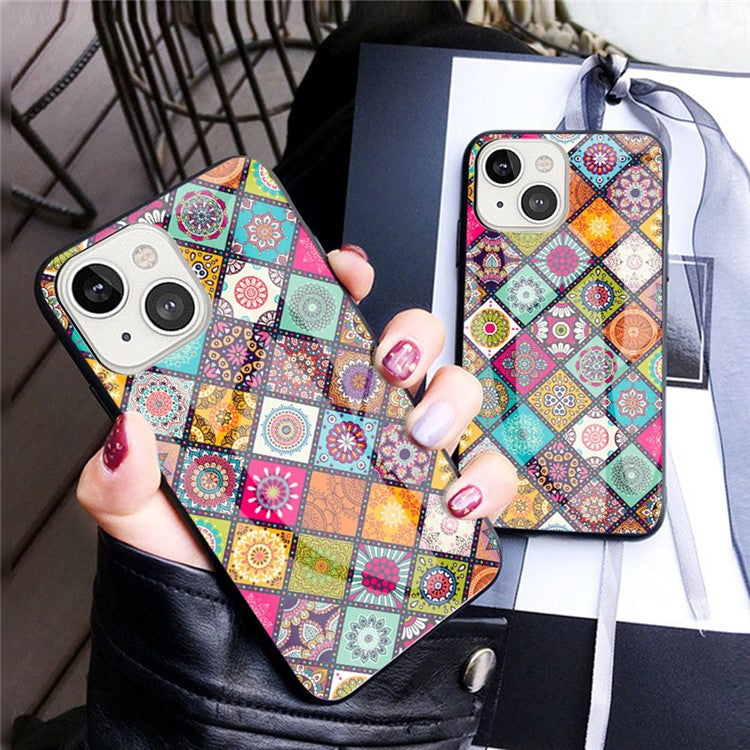 For iPhone 14 6.1 inch Anti-wear Drop-proof Flower Pattern Tempered Glass + Hard PC Phone Case Soft TPU Kickstand Back Cover with Lanyard - Color Pattern
