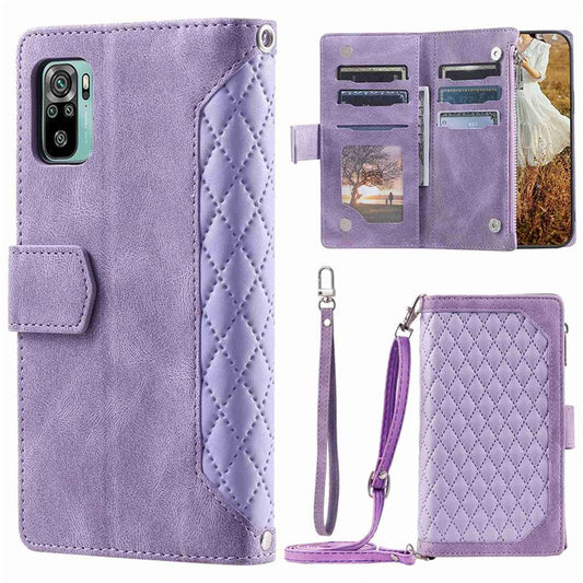 005 Style Phone Case for Xiaomi Poco M5s 4G / Redmi Note 10 4G / Redmi Note 10S 4G, Wear-resistant Anti-drop Leather Rhombus Texture Stand Wallet Cover with Zipper Pocket - Purple