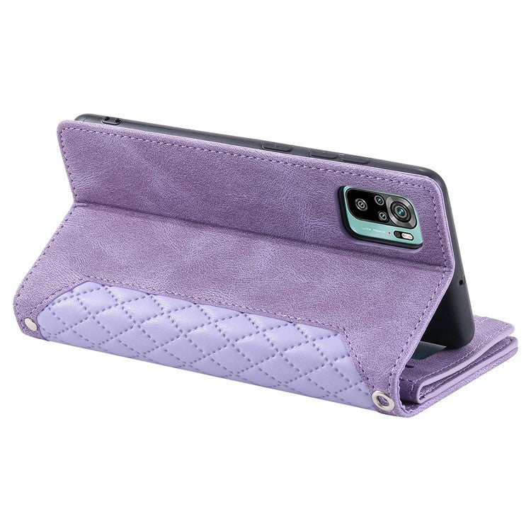 005 Style Phone Case for Xiaomi Poco M5s 4G / Redmi Note 10 4G / Redmi Note 10S 4G, Wear-resistant Anti-drop Leather Rhombus Texture Stand Wallet Cover with Zipper Pocket - Purple