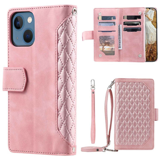 005 Style Phone Wallet Cover For iPhone 14 Plus 6.7 inch , Full Protection PU Leather Rhombus Texture Zipper Pocket Flip Case Stand with Strap Card Holder - Pink