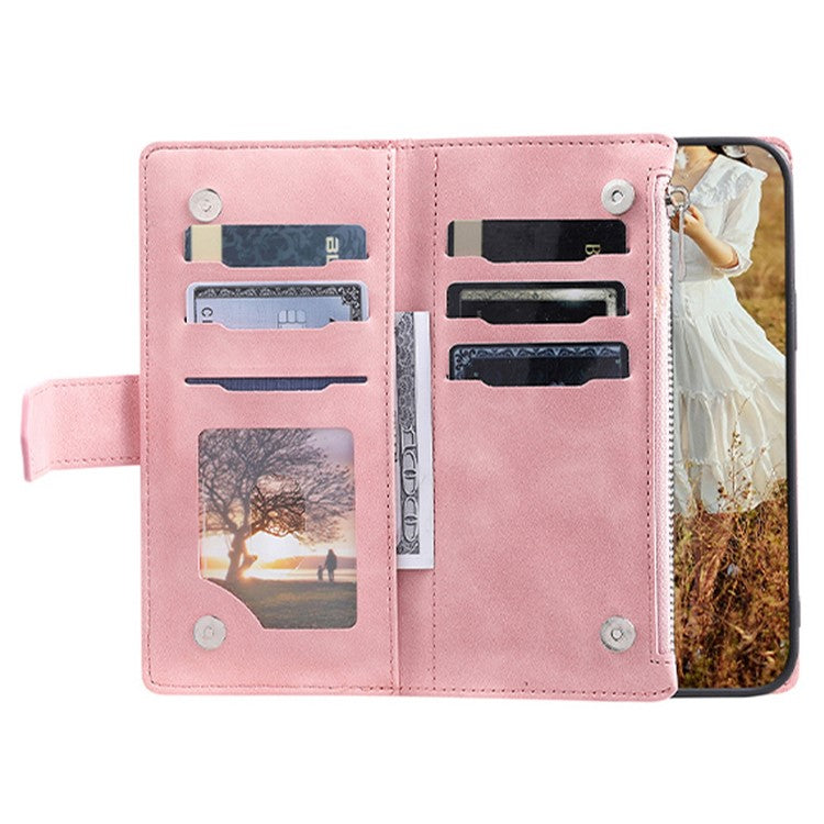 005 Style Phone Wallet Cover For iPhone 14 Plus 6.7 inch , Full Protection PU Leather Rhombus Texture Zipper Pocket Flip Case Stand with Strap Card Holder - Pink
